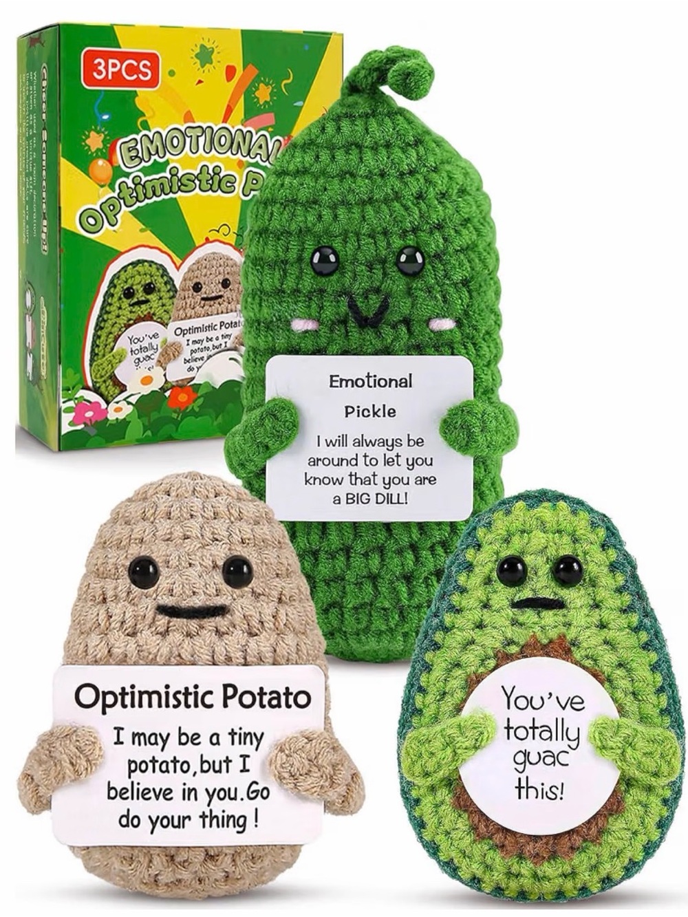 Crocheted Emotional Pickle, Optimistic Potato & Avocado Plush Set